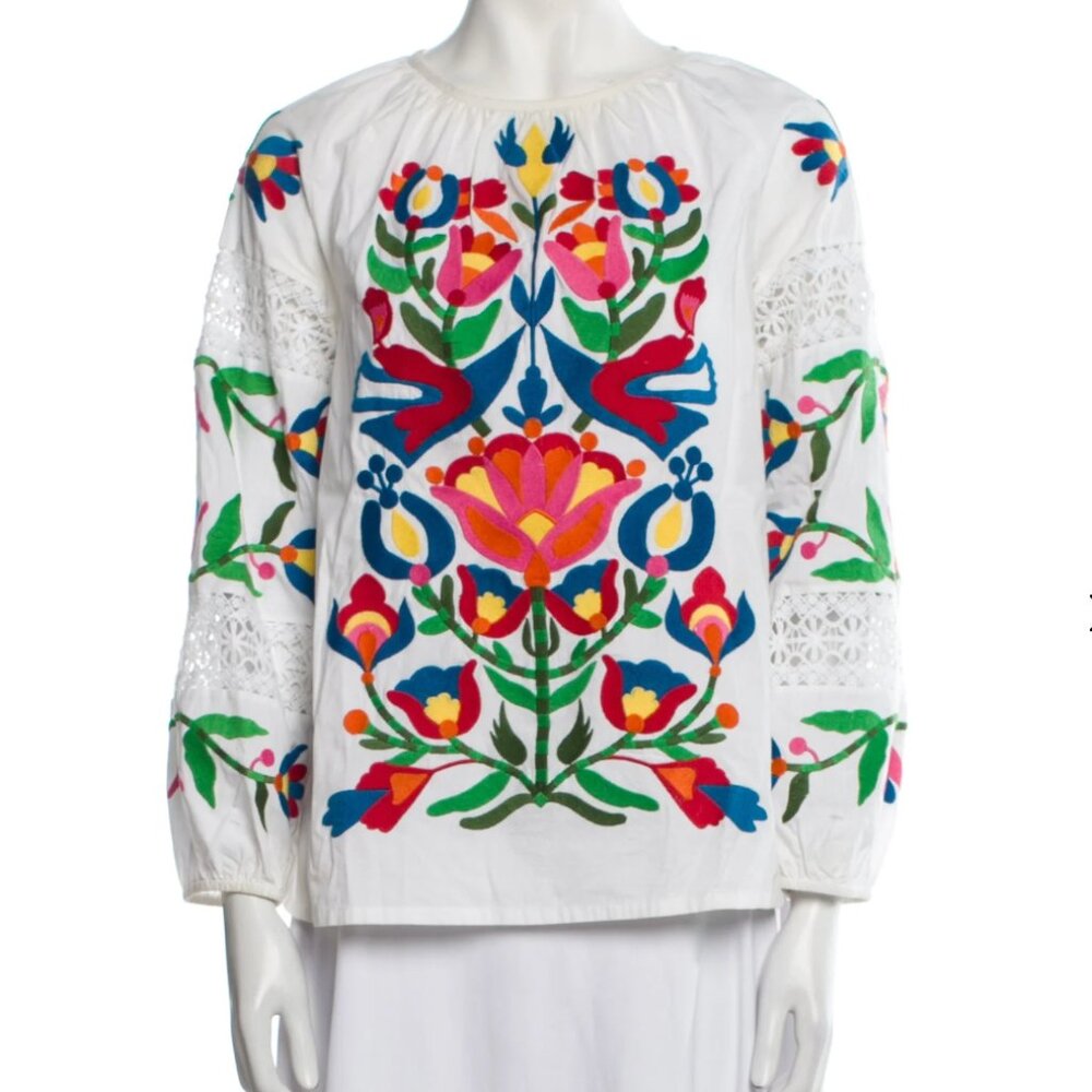 Frances Valentine Printed Scoop Neck Embroidered Blouse Shirt
